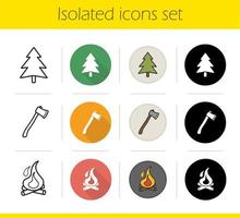 Camping icons set. Flat design, linear, black and color styles. Fir tree, axe, burning campfire with firewood. Isolated vector illustrations