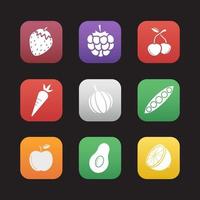 Conjunto de iconos de diseño plano de frutas, bayas y verduras. fresa, frambuesa, cereza, zanahoria, ajo, peapod abierto, manzana, aguacate cortado por la mitad, limón cortado. interfaz de la aplicación web. vector