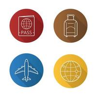 conjunto de iconos de larga sombra plana lineal de viajes aéreos. pasaporte internacional, maleta de equipaje con ruedas, vuelo en avión, símbolo del globo mundial. símbolos de línea vectorial vector