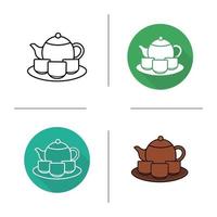 Tea ceremony icon. Flat design, linear and color styles. Teapot, cups and plate. Tea set isolated vector illustrations