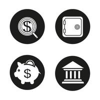 Banking and finance icons set. Investment search, bank vault, piggybank with dollar coin, bank building. Courthouse. Deposit box. Vector white illustrations in black circles