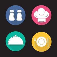 Restaurant kitchen items flat design long shadow icons set. Salt and pepper shakers, chef's hat, covered dish, fork, plate and table knife. Vector symbols