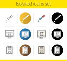 Chemical lab icons set. Flat design, linear, black and color styles. Pipette with drop, laboratory computer, test checklist. Isolated vector illustrations