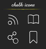 Web browser icons set. Rss feed, book, network connection and add to bookmark illustrations. Isolated vector chalkboard drawings