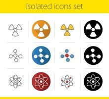 Science icons set. Flat design, linear, black and color styles. Biohazard sign, molecule and atom structure. Radiation, chemistry and physics symbols. Isolated vector illustrations