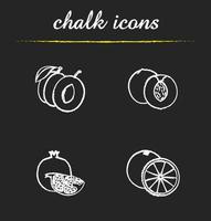 Fruit icons set. Halved plum, cutted apricot and orange, pomegranate piece illustrations. Isolated vector chalkboard drawings