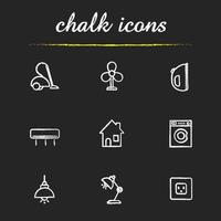 Household appliances icons set. Vacuum cleaner, ventilator, iron, air coniditioner, house, washing machine, ceiling and table lamp, power rosette illustrations. Isolated vector chalkboard drawings