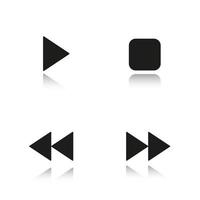 Music player navigation drop shadow black icons set. Play, stop, forward and backward buttons. Mp3 player menu isolated vector illustrations