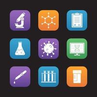 Science laboratory tools flat design icons set. Microscope, molecule and atom structure, medical tests checklist and jar, pipette with drop, test tubes rack. Web application interface. Vector