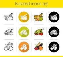 Grocery store products categories icons set. Flat design, linear, black and color styles. Fruit, vegetables and berries. Isolated vector illustrations