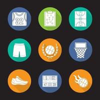 Basketball flat design long shadow icons set. Shirt, shorts and shoe, game plan, field, hoop, burning ball, scoreboard. Basketball championship symbol and player's kit. Vector silhouette symbols