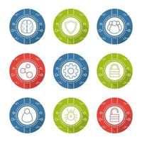 Cyber security flat design long shadow icons set. Neural networks, cyber security, user group, digital connections, network settings, access denied. Thin line on color circles. Vector symbols