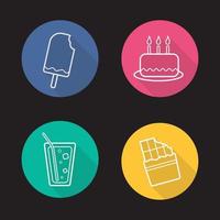 Sweet food flat linear long shadow icons set. Bitten icecream, birthday caked with candles, lemonade glass with straw and ice, bitten chocolate bar. Vector line symbols