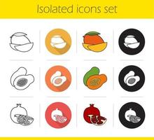 Tropical fruit icons set. Flat design, linear, black and color styles. Sliced mango, halved papaya and cutted pomegranate. Isolated vector illustrations