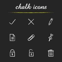 File management icons set. Yes and no, edit, save, file, delete, access illustrations. Isolated vector chalkboard drawings