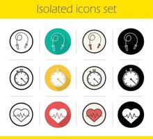 Cardio training icons set. Flat design, linear, black and color styles. Skipping rope, stopwatch and heartbeat symbol. Isolated vector illustrations