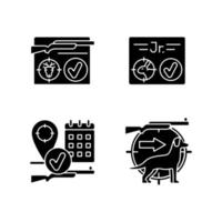 Hunting regulations black glyph icons set on white space. Resident and junior hunting license. Hunt season. Pursue and capture game with dog. Silhouette symbols. Vector isolated illustration