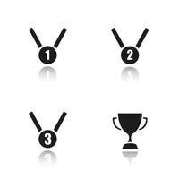 Sport awards drop shadow black icons set. Gold, silver and bronze medals, winner's cup. Isolated vector illustrations