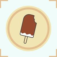 Icecream color icon. Bitten ice cream with chocolate glaze on stick. Vector isolated illustration