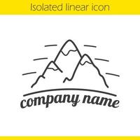 Mountains linear icon. Thin line illustration. Hiking, mountaineering and alpinism company emblem. Contour symbol. Vector isolated outline drawing