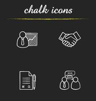 Business icons set. Presentation with graph, handshake agreement symbol, signed contract with pen, business talk illustrations. Isolated vector chalkboard drawings