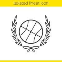 Basketball ball in laurel wreath linear icon. Thin line illustration. Basketball championship contour symbol. Vector isolated outline drawing