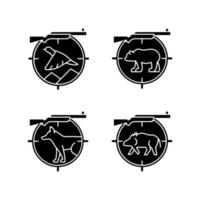 Big and small game hunting black glyph icons set on white space. Hunting weapon to kill boar and deer. Prey pursuit. Hunter equipment. Silhouette symbols. Vector isolated illustration