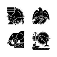 Iconos de glifos negros de caza ilegal en espacios en blanco. caza de cebos. cetrería. caza cruel de delfines y elefantes. comercio ilegal de marfil. símbolos de silueta. vector ilustración aislada