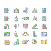 School supplies RGB color icons set. Must-have items for back to school. Instruments for office. Art classroom. Writing tools. Isolated vector illustrations. Simple filled line drawings collection