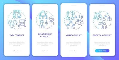 Conflict types blue gradient onboarding mobile app page screen. Work relations walkthrough 4 steps graphic instructions with concepts. UI, UX, GUI vector template with linear color illustrations