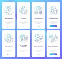 Conjunto de pantalla de la página de la aplicación móvil de incorporación de gradiente azul de gestión de conflictos. tutorial de relaciones 4 pasos instrucciones gráficas con conceptos. ui, ux, plantilla de vector de interfaz gráfica de usuario con ilustraciones en color lineal