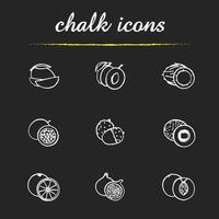 Fruit pairs icons set. Mango pieces, halved plum, open coconut, cutted passionfruit, orange, fig, peach, peeled litchi, kiwifruit half illustrations. Isolated vector chalkboard drawings