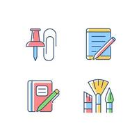 School stationery RGB color icons set. Pins and paper clips. Tablet computer. Graph composition book. Pens and pencils. Isolated vector illustrations. Simple filled line drawings collection