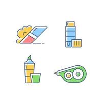 School accessories RGB color icons set. Eraser for artistic use. Glue stick. Highlighter marker. Correction tape. Tools for study. Isolated vector illustrations. Simple filled line drawings collection