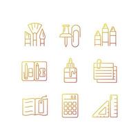 School essential equipment gradient linear vector icons set. Paint brushes. Office supplies. Pencil pouch. Glue bottle. Thin line contour symbols bundle. Isolated outline illustrations collection