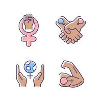 Girl power RGB color icons set. Leadership in movement. Equitable relationships. Feminism support. Mentally strong women. Isolated vector illustrations. Simple filled line drawings collection