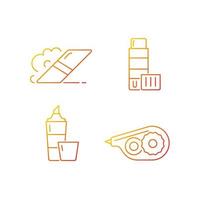 School accessories gradient linear vector icons set. Eraser for artistic use. Glue stick. Highlighter marker. Thin line contour symbols bundle. Isolated outline illustrations collection