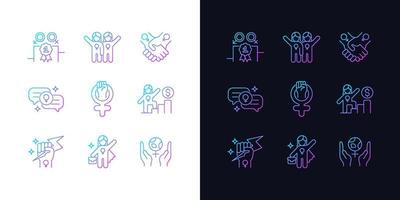 Feminist movement gradient icons set for dark and light mode. Gender parity. Female friendship. Thin line contour symbols bundle. Isolated vector outline illustrations collection on black and white