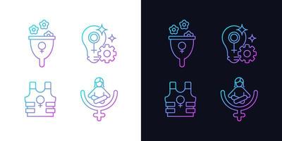 Modern feminism gradient icons set for dark and light mode. Fulfill female potential. Thin line contour symbols bundle. Isolated vector outline illustrations collection on black and white