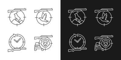 Hunting types linear icons set for dark and light mode. Mountain hunting. Pigeon shooting. Day and night hunt. Customizable thin line symbols. Isolated vector outline illustrations. Editable stroke