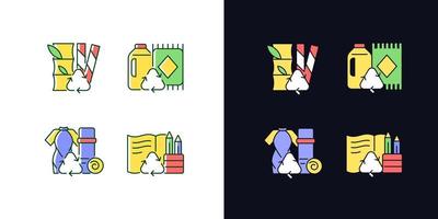 Reduce environmental pollution light and dark theme RGB color icons set. Compostable straws. Ethical flooring. Isolated vector illustrations on white and black space. Simple filled line drawings pack