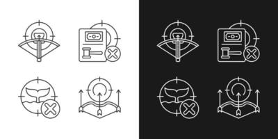 Hunting provisions and restrictions linear icons set for dark and light mode. Wildlife protection act. Customizable thin line symbols. Isolated vector outline illustrations. Editable stroke