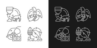 Illegal hunting linear icons set for dark and light mode. Dolphin and elephant cruel hunt. Unlawful ivory trade. Customizable thin line symbols. Isolated vector outline illustrations. Editable stroke