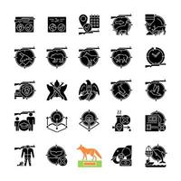 animales salvajes que cazan iconos de glifos negros en espacios en blanco. caza de animales silvestres y aves. perseguir y capturar presas. disparos y trampas. símbolos de silueta. vector ilustración aislada