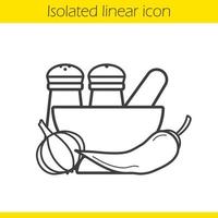 Spices linear icon. Thin line illustration. Salt and pepper shakers, garlic, mortar and pestle, chili contour symbol. Vector isolated outline drawing