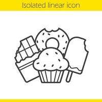 Confectionery linear icon. Thin line illustration. Chocolate bar, bitten doughnut, muffin with raisins and ice cream contour symbol. Vector isolated outline drawing