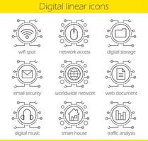 Cyber technology linear icons set. Wifi spot, network access, digital storage, email security, worldwide network, web document, digital music, smart house. Thin line. Isolated vector illustrations