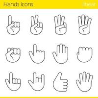 Hand gesture linear icons set. Point out, cool, approve, hello, heavy metal, thumbs up, fist, direction point symbols. One, two, three, four, five fingers. Thin line. Isolated vector illustrations