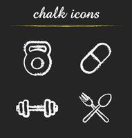 Sport and diet icons set. Barbell, dumbell, pill, crossed spoon and fork illustrations. Isolated vector chalkboard drawings