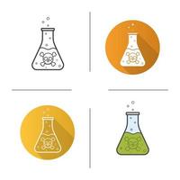 Chemical reaction icon. Flat design, linear and color styles. Beaker with green liquid. Poison flask with crossbones sign. Isolated vector illustrations